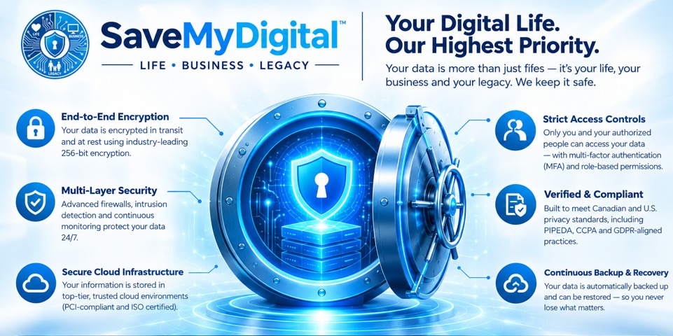 SaveMyDigital — Your Digital Life. Our Highest Priority. End-to-end encryption, strict access controls, secure cloud infrastructure, multi-layer security, verified & compliant, continuous backup & recovery.